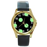 Polka Dots - Light Green on Black Round Gold Metal Watch