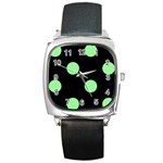Polka Dots - Light Green on Black Square Metal Watch