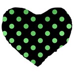 Polka Dots - Light Green on Black Large 19  Premium Flano Heart Shape Cushion