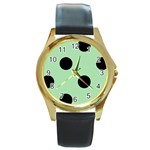 Polka Dots - Black on Celadon Green Round Gold Metal Watch