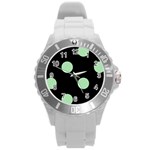 Polka Dots - Celadon Green on Black Round Plastic Sport Watch (L)