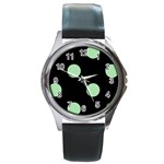 Polka Dots - Celadon Green on Black Round Metal Watch
