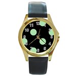 Polka Dots - Celadon Green on Black Round Gold Metal Watch