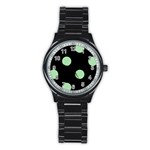 Polka Dots - Celadon Green on Black Stainless Steel Round Watch