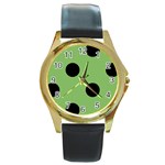 Polka Dots - Black on Dollar Bill Green Round Gold Metal Watch