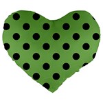 Polka Dots - Black on Dollar Bill Green Large 19  Premium Flano Heart Shape Cushion
