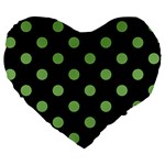 Polka Dots - Dollar Bill Green on Black Large 19  Premium Flano Heart Shape Cushion