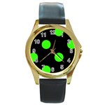 Polka Dots - Neon Green on Black Round Gold Metal Watch