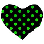 Polka Dots - Neon Green on Black Large 19  Premium Flano Heart Shape Cushion