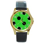 Polka Dots - Black on Lime Green Round Gold Metal Watch