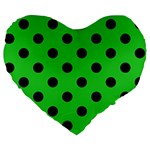 Polka Dots - Black on Lime Green Large 19  Premium Flano Heart Shape Cushion