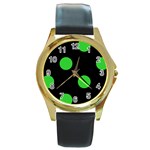 Polka Dots - Lime Green on Black Round Gold Metal Watch