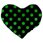 Polka Dots - Lime Green on Black Large 19  Premium Heart Shape Cushion