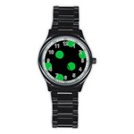 Polka Dots - Dark Pastel Green on Black Stainless Steel Round Watch