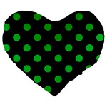 Polka Dots - Dark Pastel Green on Black Large 19  Premium Heart Shape Cushion