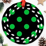 Polka Dots - Dark Pastel Green on Black Round Filigree Ornament (Two Sides)