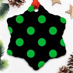 Polka Dots - Dark Pastel Green on Black Snowflake Ornament (Two Sides)