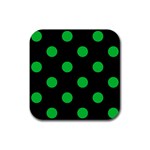 Polka Dots - Dark Pastel Green on Black Rubber Coaster (Square)