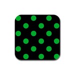 Polka Dots - Dark Pastel Green on Black Rubber Square Coaster (4 pack)