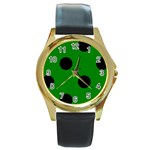 Polka Dots - Black on Green Round Gold Metal Watch