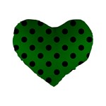 Polka Dots - Black on Green Standard 16  Premium Flano Heart Shape Cushion