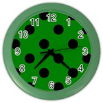 Polka Dots - Black on Green Color Wall Clock