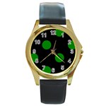 Polka Dots - Green on Black Round Gold Metal Watch