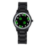 Polka Dots - Green on Black Stainless Steel Round Watch