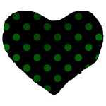 Polka Dots - Green on Black Large 19  Premium Heart Shape Cushion
