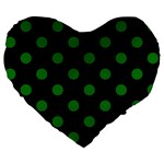 Polka Dots - Green on Black Large 19  Premium Flano Heart Shape Cushion