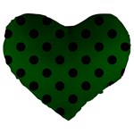 Polka Dots - Black on Dark Green Large 19  Premium Heart Shape Cushion