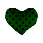 Polka Dots - Black on Dark Green Standard 16  Premium Flano Heart Shape Cushion