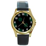 Polka Dots - Deep Green on Black Round Gold Metal Watch