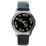 Polka Dots - Army Green on Black Round Metal Watch