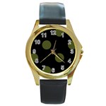 Polka Dots - Army Green on Black Round Gold Metal Watch