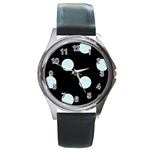 Polka Dots - Light Cyan on Black Round Metal Watch
