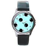 Polka Dots - Black on Celeste Cyan Round Metal Watch