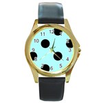 Polka Dots - Black on Celeste Cyan Round Gold Metal Watch