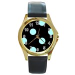 Polka Dots - Celeste Cyan on Black Round Gold Metal Watch