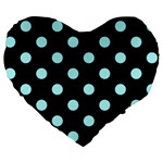 Polka Dots - Celeste Cyan on Black Large 19  Premium Flano Heart Shape Cushion