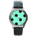 Polka Dots - Black on Aquamarine Round Metal Watch