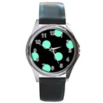 Polka Dots - Aquamarine on Black Round Metal Watch