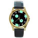 Polka Dots - Aquamarine on Black Round Gold Metal Watch
