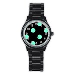 Polka Dots - Aquamarine on Black Stainless Steel Round Watch