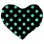 Polka Dots - Aquamarine on Black Large 19  Premium Flano Heart Shape Cushion