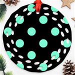 Polka Dots - Aquamarine on Black Round Filigree Ornament (Two Sides)
