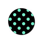 Polka Dots - Aquamarine on Black Rubber Coaster (Round)