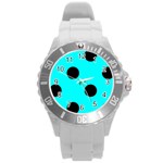 Polka Dots - Black on Aqua Cyan Round Plastic Sport Watch (L)