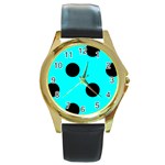 Polka Dots - Black on Aqua Cyan Round Gold Metal Watch