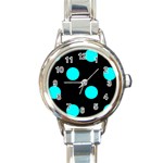Polka Dots - Aqua Cyan on Black Round Italian Charm Watch